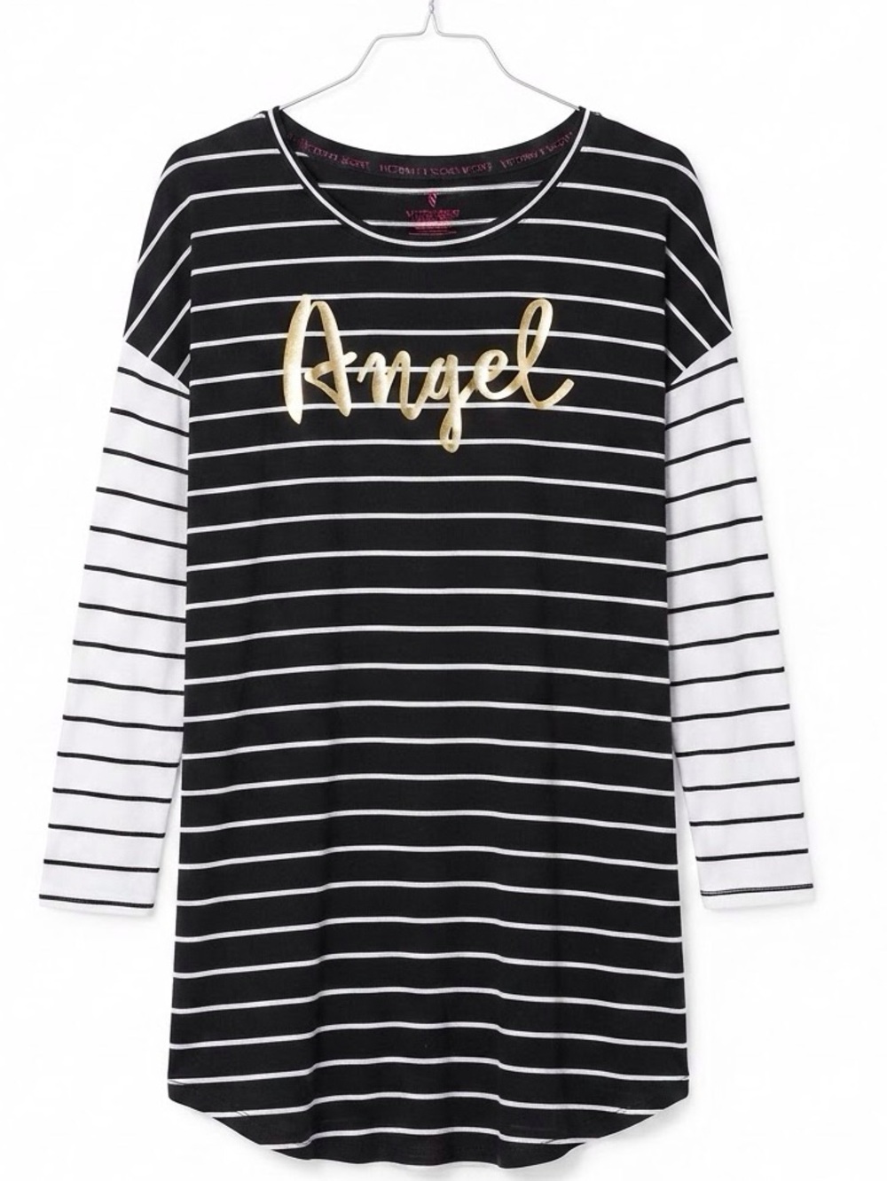 Victoria's Secret Black White Stripe Angel Graphic Long Sleeve Sleep Shirt M